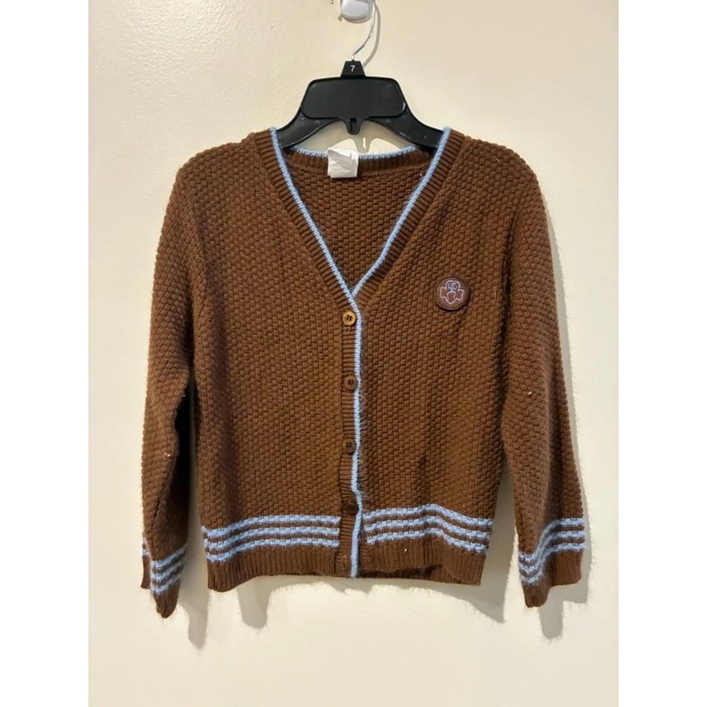 Vintage Girl Scouts Brown Waffle Knit Cardigan Sweater Blue Trim Kids Small 7/8
